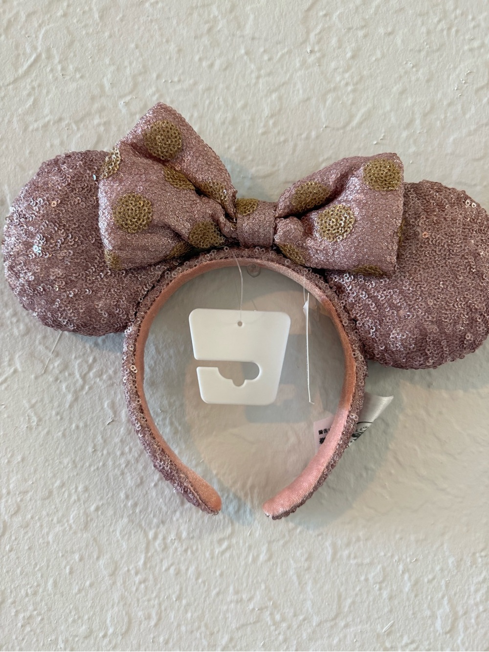 Disney Pink Sequin Minnie Ears Headband with Gold Polka Dot Bow